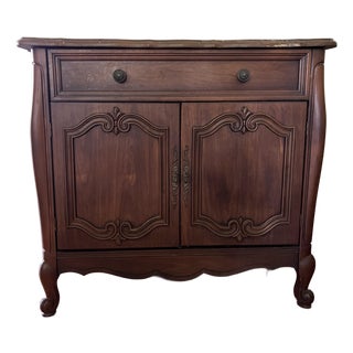 French Provincial Style Buffet Sideboard — Carved Door Panels, Ornate Brass Pulls, Silverware Drawer For Sale