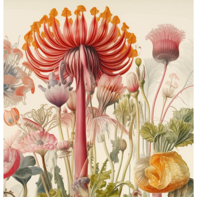 This striking natural history print reproduces an antique botanical illustration featuring an extraordinary collection of...
