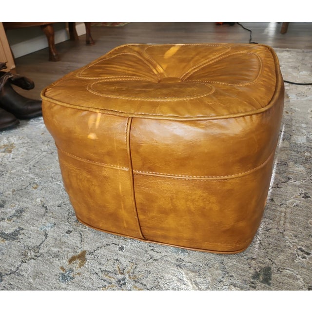 Vintage MCM Brown Hassock Faux Leather Square Footstool For Sale - Image 4 of 4