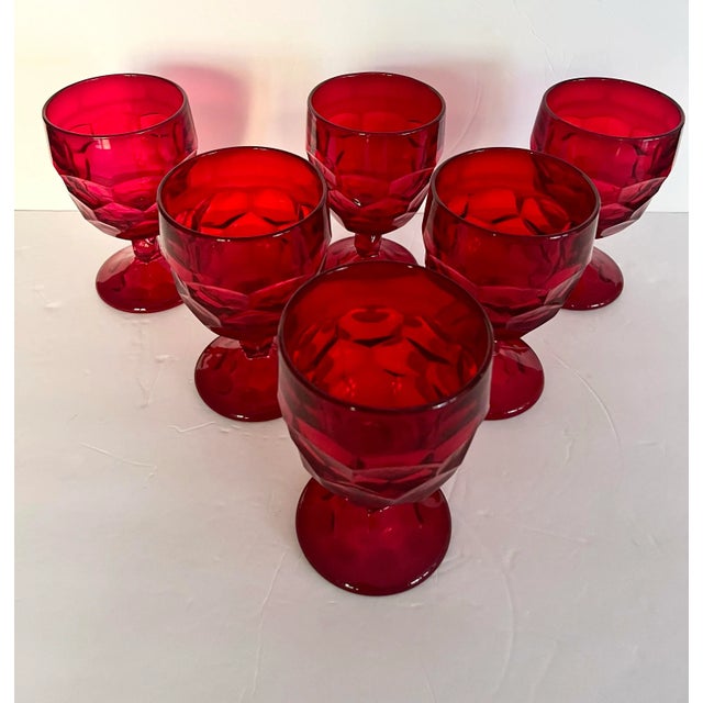Mid-Century Modern Mid-Century Ruby Red Glass Thumbprint Goblets - Set of 6 For Sale - Image 3 of 6