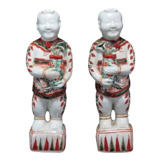 Antique 19th Century Chinese Wucai Porcelain Ho Ho Boy Figures of Hehe & Erxian - a Pair For Sale