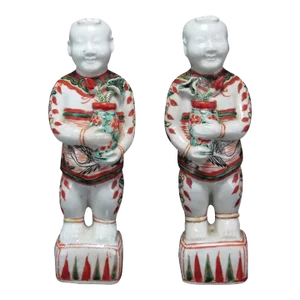 Antique 19th Century Chinese Wucai Porcelain Ho Ho Boy Figures of Hehe & Erxian - a Pair
