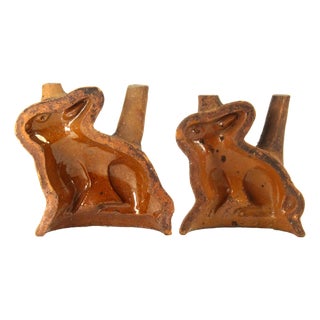 Rare 19th C Pair of Glazed Redware Rabbit Molds, Pennsylvania For Sale