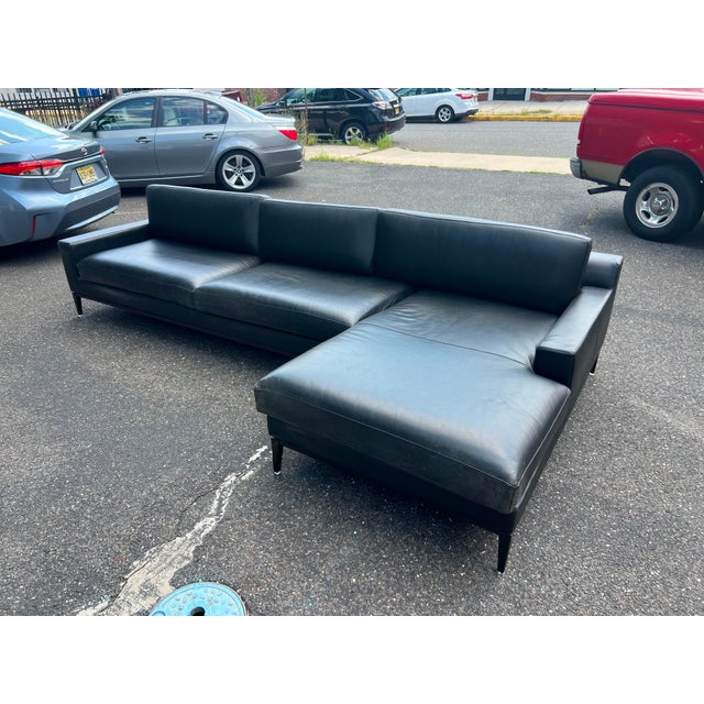Italian Rh Italia Track Arm Black Leather Chaise Sectional With Metal Base For Sale - Image 3 of 10