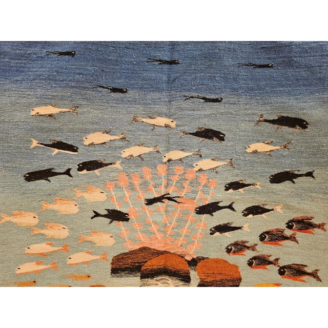 Vintage Hand-Woven Kilim Rug, Ocean Scene, Mid-Century Modern, Turkey For Sale - Image 4 of 12