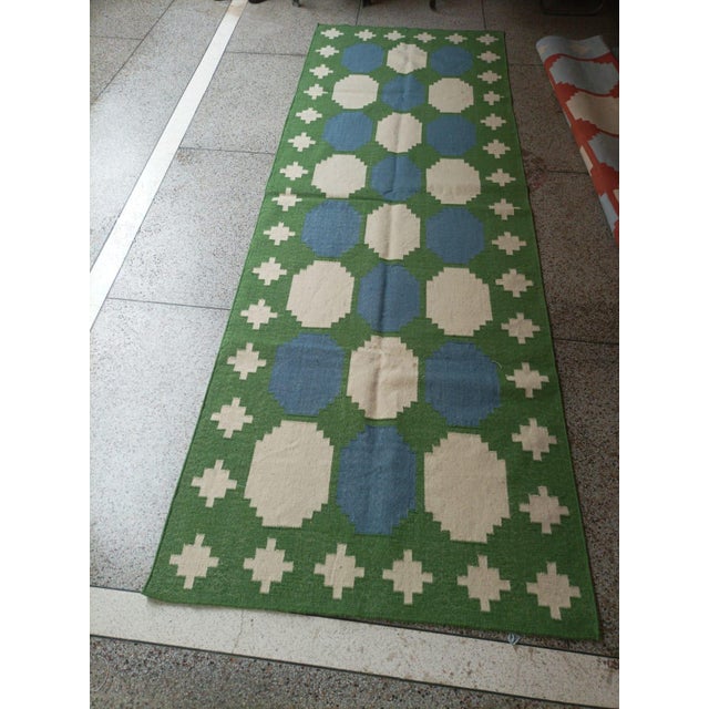 Handmade Woolen Dhurrie Runner, Moss Green, White and Sky Blue Swedish Tile Runner- 3.5'x10' For Sale - Image 9 of 13