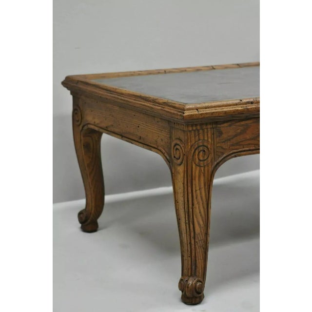 French Country Henredon Town & Country French Style Carved Oak Wood Slate Top Low Accent Table For Sale - Image 3 of 9