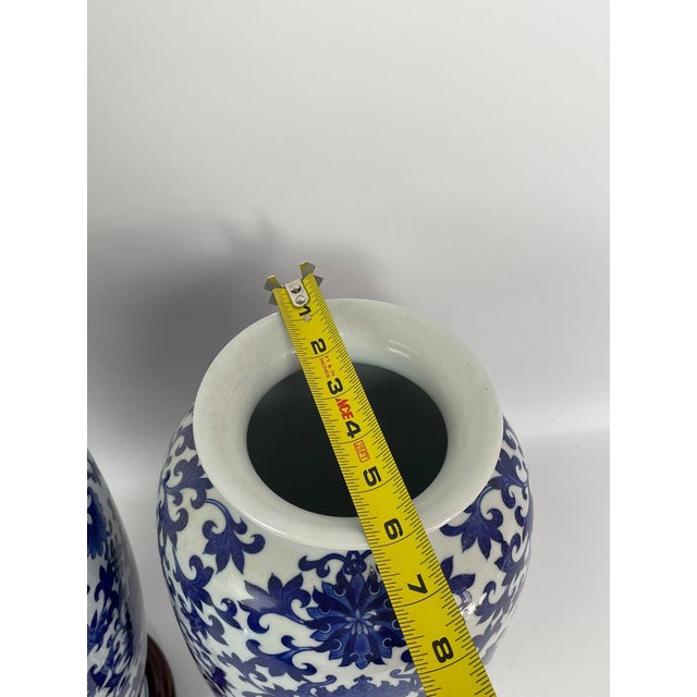Pair of Blue & White Chinese Export Style Porcelain Floor Vases on Hardwood Stands, 18" Tall For Sale In New York - Image 6 of 8