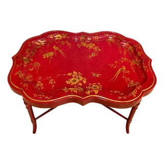 Late 20th Century Faux Bamboo Red Lacquer Chinoiserie Tray Table For Sale
