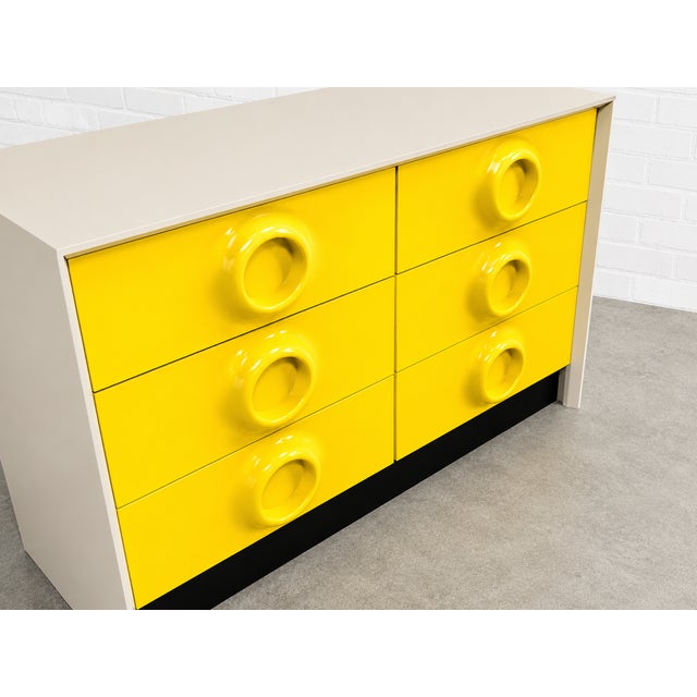 1970s Mid Century Modern Yellow Lacquer Plastic + Wood Dresser in the Style of Raymond Loewy | Vintage Pop Art Space Age Design, C. 1970's For Sale - Image 5 of 13