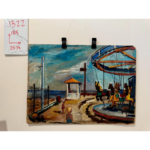 Blue Henry Emil Salloch Original Watercolor on Paper Seaside Boardwalk Carousel in the Evening, 1945. For Sale - Image 8 of 8