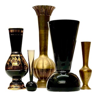 Mid Century Mixed Brass and Black Vase Curation - Group of 5 For Sale