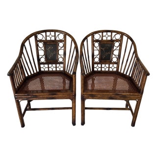 Late 20th Century Attributed to Theodore Alexander Chinoiserie Bamboo Pavilion Armchairs With Custom Silk Down Cushions For Sale