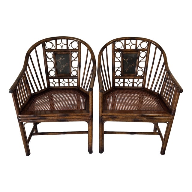 Late 20th Century Attributed to Theodore Alexander Chinoiserie Bamboo Pavilion Armchairs With Custom Silk Down Cushions For Sale