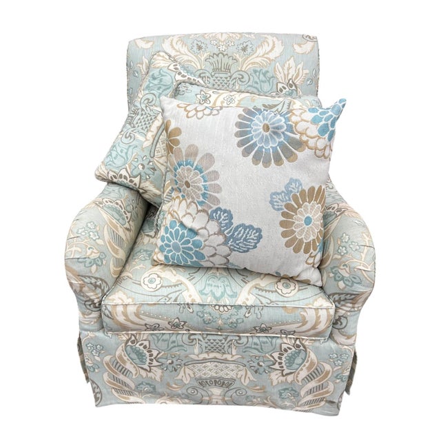 transitional pair of upholstered swivel rocker club chairs in soft coastal style fabric. Chairs, work smoothly, are very...