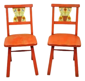 Vintage Colonial Hand Painted Flower Red Wooden Side Chairs by Gimble's - A Pair