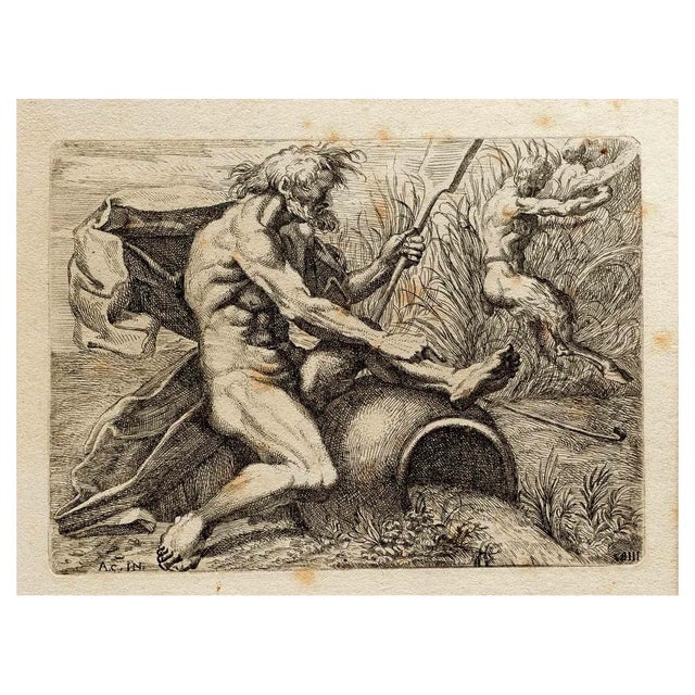 Marcantonio Bellavia, Man and Satyrs, Etching, 17th Century For Sale