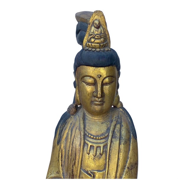 Wood Chinese Rustic Distressed Golden Paint Kwan Yin Buddha Statue For Sale - Image 7 of 8