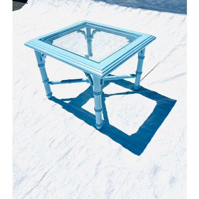 1970s 70's Vintage Lane Faux Bamboo Glass Top End Table Newly Painted Robins Egg Blue For Sale - Image 5 of 9