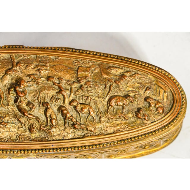 Metal Classy Small Antique French Jewelry Casket Box Gilt Metal Pastoral Relief Trinket Box Made in France Victorian Home Decor For Sale - Image 7 of 14