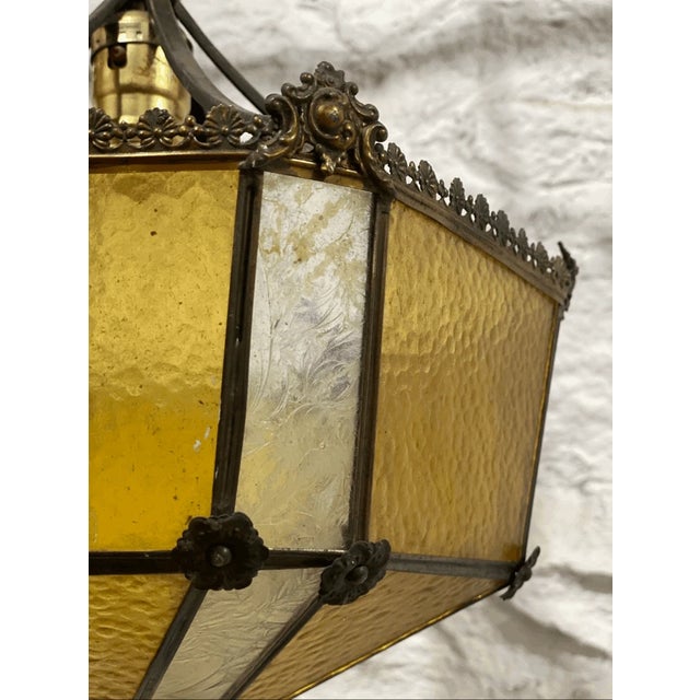Traditional Vintage Amber & Frosted Glass Hanging Fixture Pendant Light For Sale - Image 3 of 8