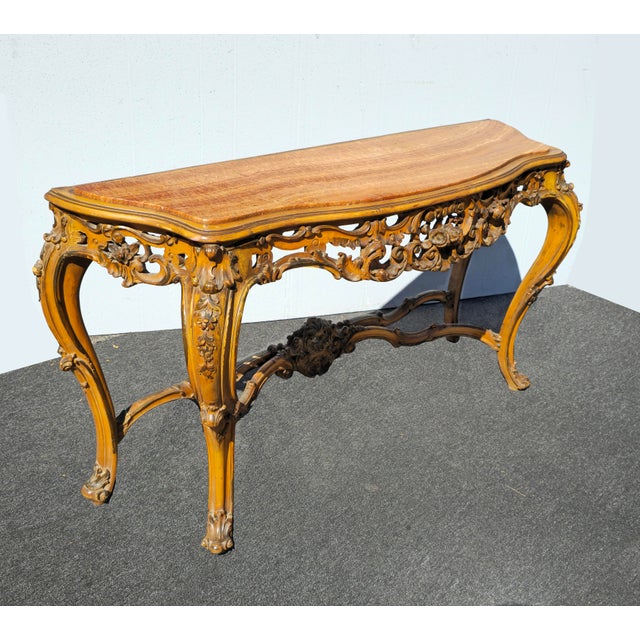 French Antique French Rococo Louis XV Ornate Carved Gold Console Table Marble Top For Sale - Image 3 of 15