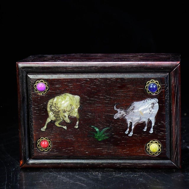 Brown Vintage Chinese Zitan Wood Box With Mother of Pearl & Gemstone Inlay - Twin Oxen Motif For Sale - Image 8 of 9