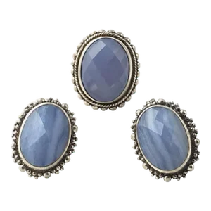 Stephen Dweck Blue Chalcedony Sterling Silver Earrings with Blue Agate Ring Set - 3 Pieces