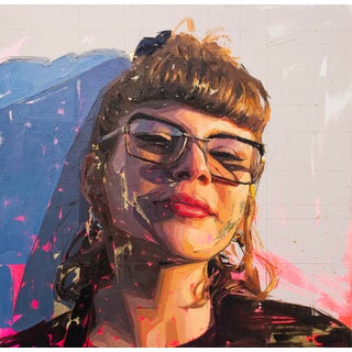 3/3 by Conrado López | Acrylic, gold leaf oil on canvas Portrait of a woman wearing glasses. For Sale