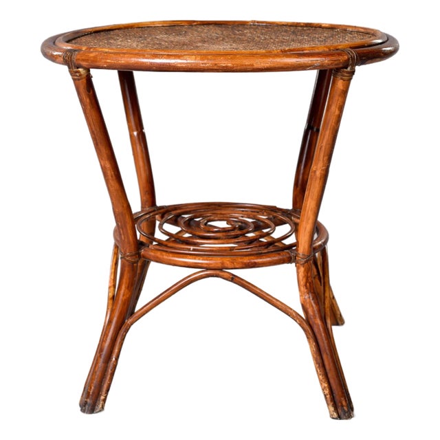 French Mid-Century Bent Rattan & Bamboo Side Table For Sale