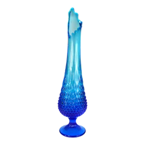 Mid-Century Tall Pedestal Fenton Colonial Blue Hobnail Swung Glass Vase
