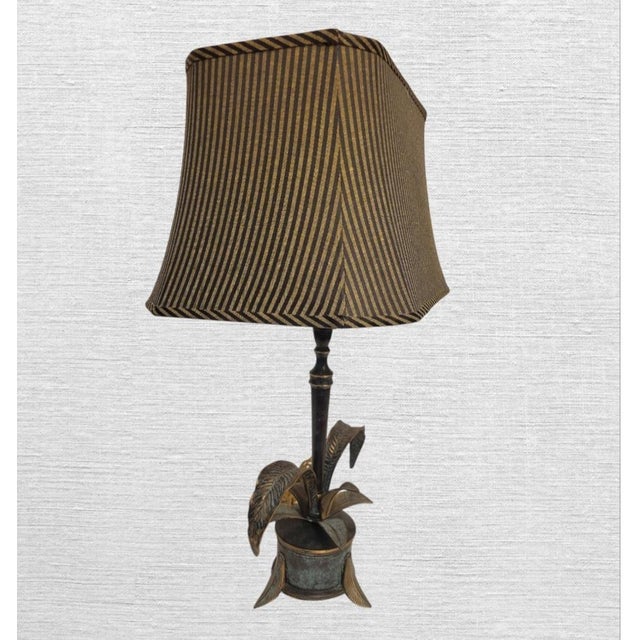 Maitland - Smith Vintage Maitland Smith Style Cast Iron Palm Tree Pot Striped Shade Table Lamp For Sale - Image 4 of 11