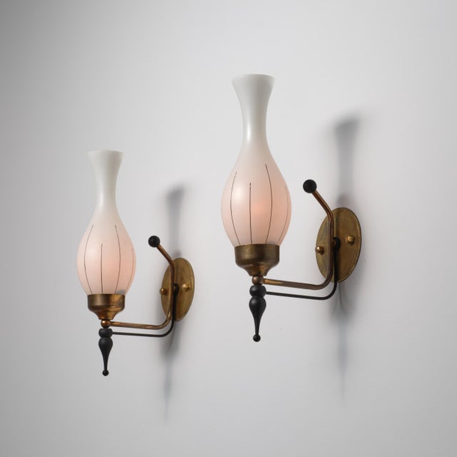 Italian Brass, Black Lacquered Metal and Opaline Glass Wall Sconces, 1950s, Set of 2 For Sale - Image 4 of 10