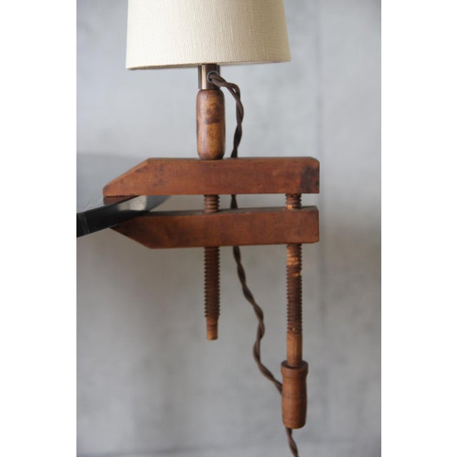 Wood Wooden Handscrew Clamp Lamp With Shade by Understated Design Los Angeles For Sale - Image 7 of 13