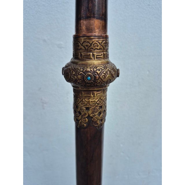 Impressive pair of 19th Century Tibetan telescopic horns handcrafted in copper with applied brass designs highlighted with...