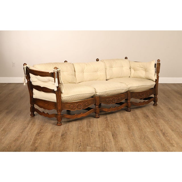 French Provincial French Country Style Carved Oak Frame Three Seat Sofa For Sale - Image 3 of 18