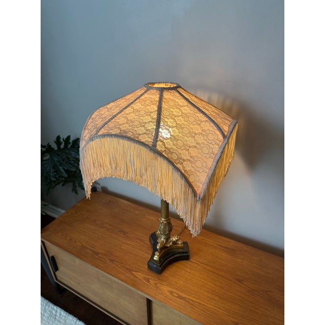 Victorian Mid 20th Century Victorian Footed Marble and Brass Table Lamp With Fabric Fringe/Tassel Lamp Shade For Sale - Image 3 of 11