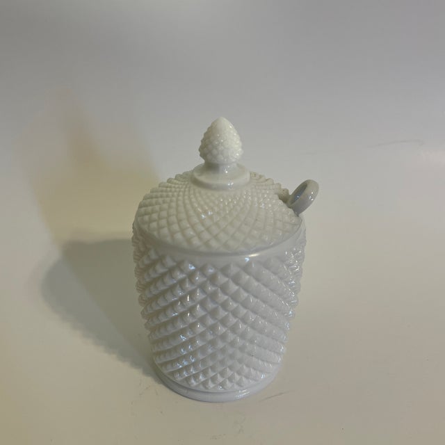 1920s Westmoreland English Hobnail Milk Glass Jam or Honey Jar With Lid and Porcelain Spoon For Sale - Image 10 of 10
