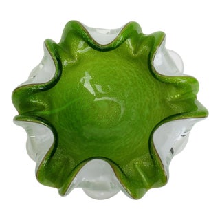 C.1960's Italian Hand-Blown Sommerso Triple Layer, Acid Green & White With Clear Outer Murano Ruffled Bowl For Sale