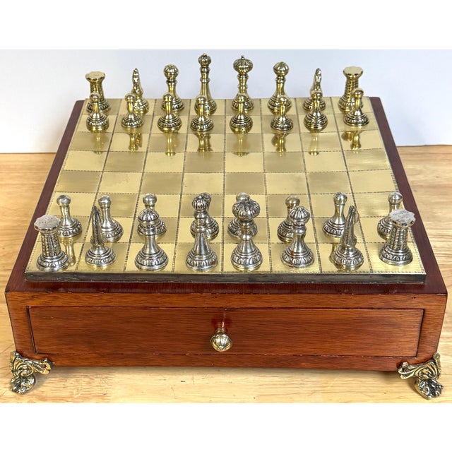 Mid 20th Century Neoclassical French Gilt & Silvered Bronze Complete Table Top Boxed Chess Set For Sale - Image 5 of 12