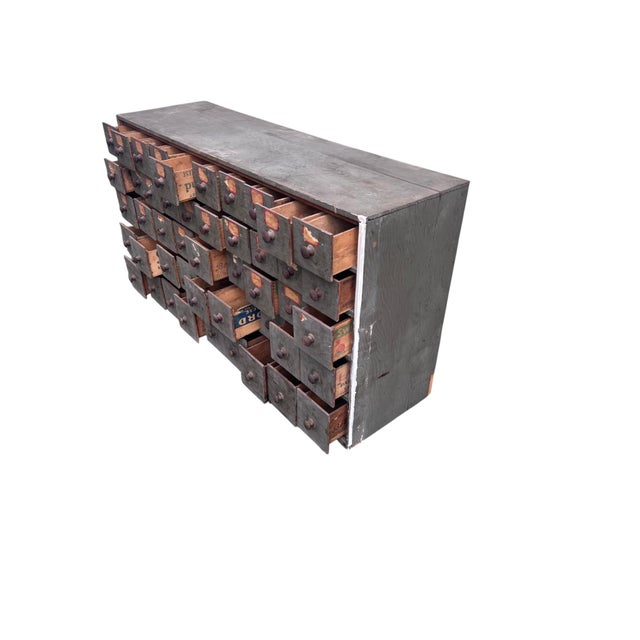 Wood Mid 20th Century Primitive Industrial Parts Cabinet Handmade Wooden Cheese Box Drawers For Sale - Image 7 of 18