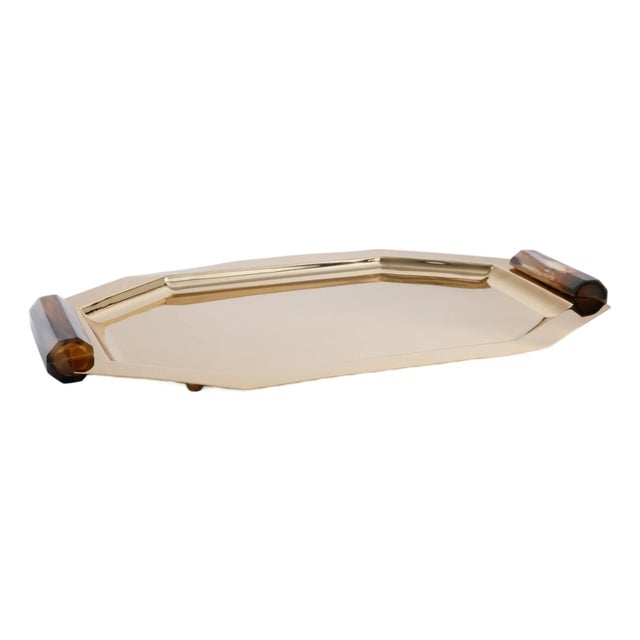 Polished Octagon Serving Trays with Horn Handles, Gold, Medium For Sale
