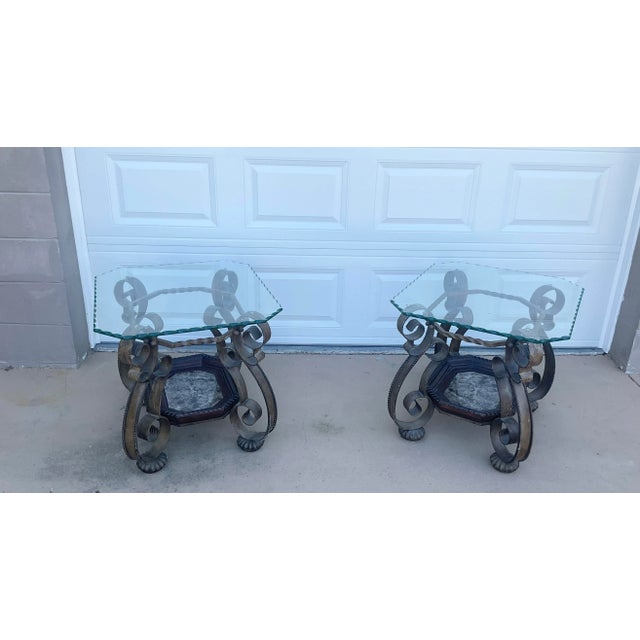 1970s Pair of Hollywood Regency Scrolled Iron & Glass Side Tables With Stone Inset Shelves For Sale - Image 5 of 8