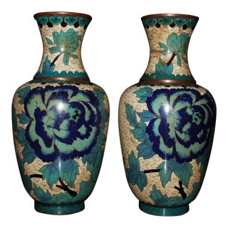 Pair of Chinese Cloisonné Enamel Vases With Floral & Bird Motif For Sale