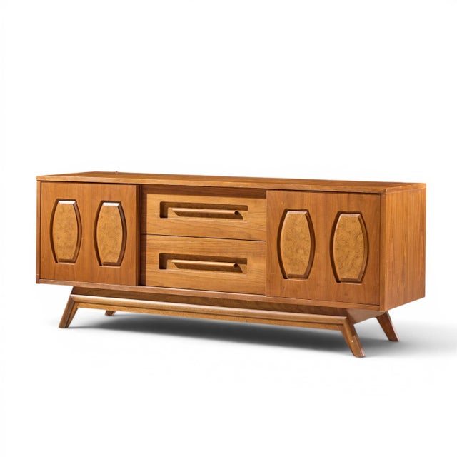 Young Manufacturing Young Manufacturing Mid Century Walnut and Burlwood Credenza and Hutch For Sale - Image 4 of 13