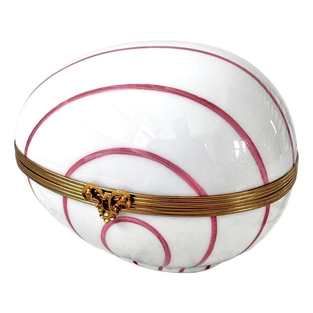 Limoges France Hand, Painted Pink and White Egg Box With Brass Closure For Sale