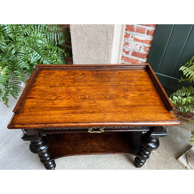 Wood Antique English Hall Sofa Table Sideboard Carved Oak Bobbin Leg C1910 For Sale - Image 7 of 12