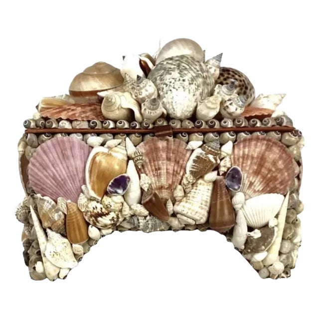 Seashell Encrusted Jewelry Box, Vintage Coastal For Sale