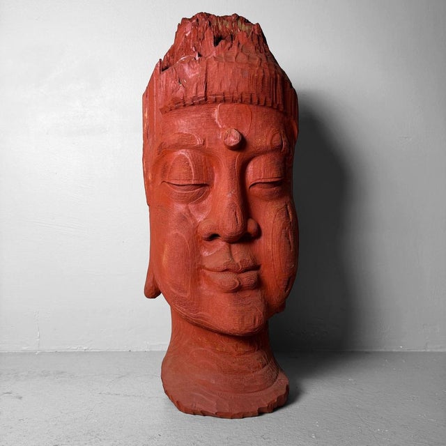 Maroon Japanese Wooden Sculpture of Buddha Head, Koichi, 1985 For Sale - Image 8 of 8
