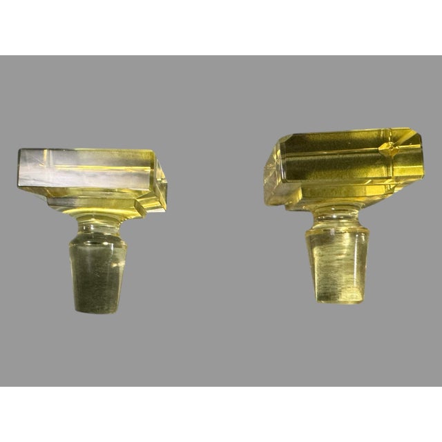 Glass Vintage Retro Art Deco 10" Yellow Glass Decanter Bottles - a Pair For Sale - Image 7 of 12